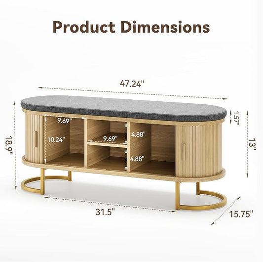 Decofy Shoe Storage Bench with Cushion and Sliding Doors, 47.2 Inch Shoe Bench with Storage, Freestanding Entryway Bench with Storage, Sturdy Metal Feet, for Hallway & Entrance Hall, Oak