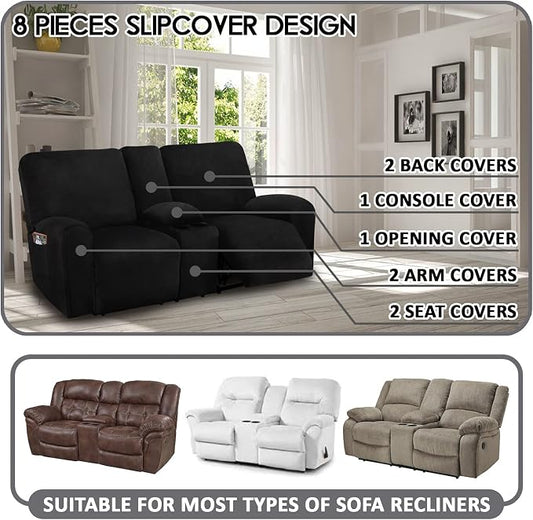 ULTICOR Reclining Loveseat with Middle Console Slipcover, 8-Piece Velvet Stretch Loveseat Reclining Sofa Covers, 2 Thick, Soft, Washable, Covers ONLY (Black)