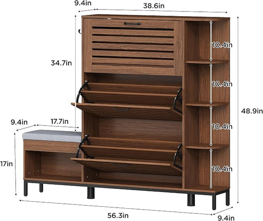 Maupvit Narrow Shoe Cabinet with Bench for Entryway, 3 Flip Louvered Doors & Side Storage Cabinet, 44" H Shoes Organizer with Upholstered Seat & Hooks for Front Door Entrance, Walnut