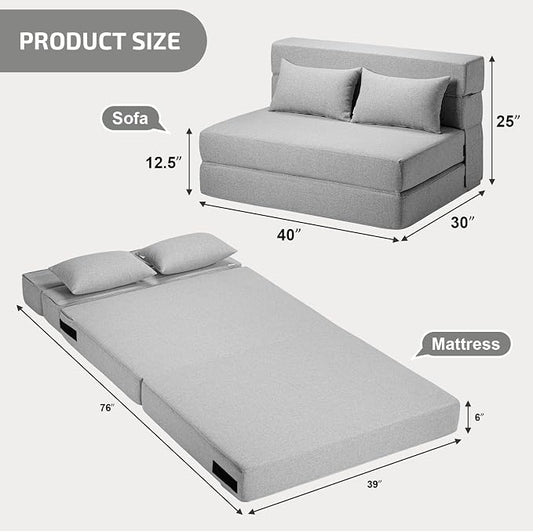 SUYOLS Folding Sofa Bed with Pillows- Convertible Chair Floor Couch & Sleeping Mattress, Foldable Memory Foam Sleeper for Living Room/Dorm/Guest Room/Home Office/Apartment/Loft, Twin, Light Gray