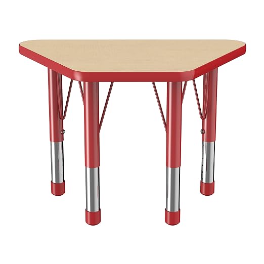 FDP Trapezoid Activity School and Classroom Kids Table (18 x 30 inch), Chunky Toddler Legs for Collaborative Seating Environments, Adjustable Height 15-24 inches - Maple Top and Red Edge