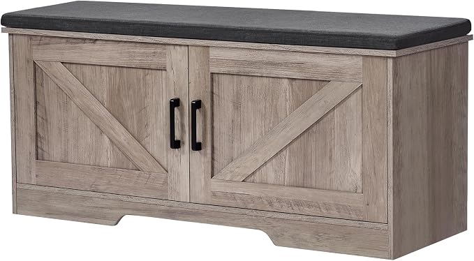 HOMSHO Farmhouse Shoe Storage Bench with 2 Barn Doors & Padded Seat Cushion | 39.4" Wide Entryway Bench with Adjustable Shelves & Hidden Storage, Greige