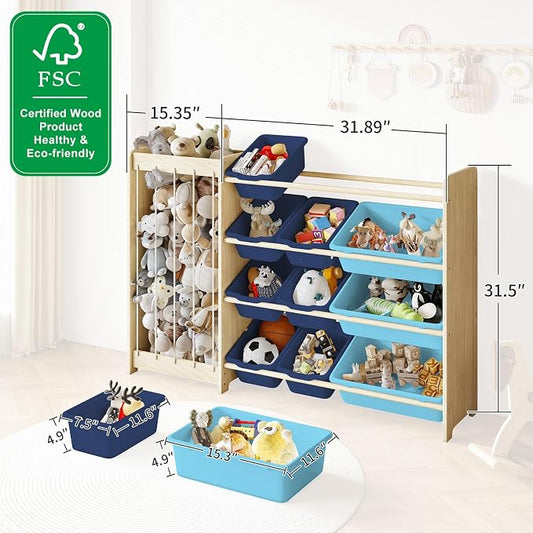 EXPERLAM Kids Toy Storage Organizer, 2-in-1 Stuffed Animal Storage & Toy Organizer w/12 Bins, Solid Wood Toy Rack Featuring Thicker Elastic Ropes, Playroom Nursery Bedroom Storage, Blue