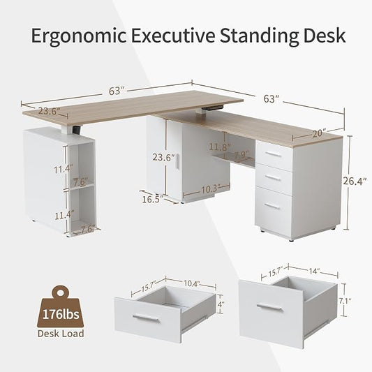 FEZIBO L-Shaped Standing Desk with Drawers and Shelves, Electric Standing Desk Adjustable Height, Executive Computer Desk 63 inch Light Walnut