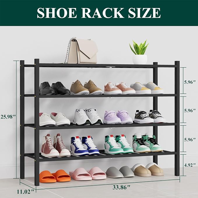 Smiry Long Bamboo Shoe Rack, 4 Tier Free Standing Wooden Shoe Organizer, Stackable Wood Shoe Storage Shelf for Closet, Entryway, 14 Vertical Slats, 2+2 Stack Heavy-Duty Legs, 33.7"x11"x26", Black