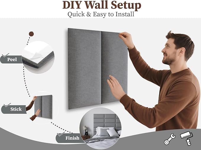 Peel and Stick Upholstered Wall Mounted Headboard King Size, 12 Panels Tufted Fabric Headboard,Wall Mounted Headboards, Interior Wall Panels for Bedroom, 10"x24" Dark Grey