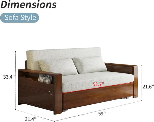 59" 3 in 1 Convertible Sleeper Sofa with Storage, Grey Soft Cushion Sectional Couch, Reversible Chaise, Walnut Wood Frame Pull-Out Bed for Living Room, Apartment, Office