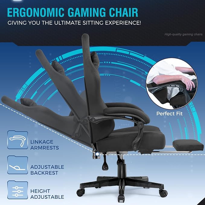 GTPLAYER Big and Tall Gaming Chair Fabric with Pocket Spring Cushion, High Back Ergonomic Computer Chair with Footrest for Adults Lumbar Support Swivel Game Chair for Office Gaming 350LBS, Black