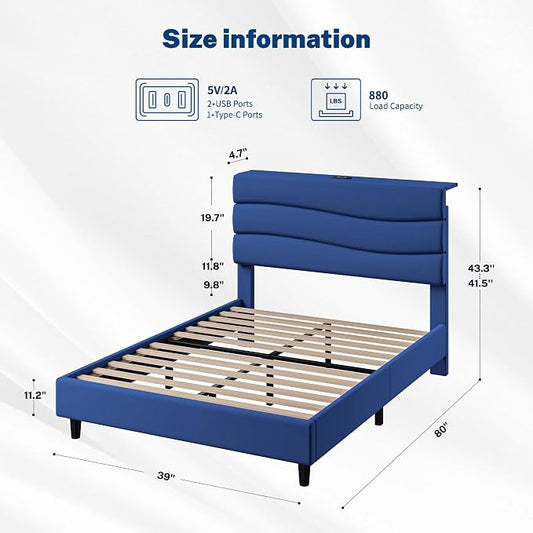 EnHomee Twin Size Bed Frame with Upholstered Headboard,Adjustable Height Platform Bed,Charging Station,No Box Spring Needed,Easy Assembly,Noise-Free,Navy Blue