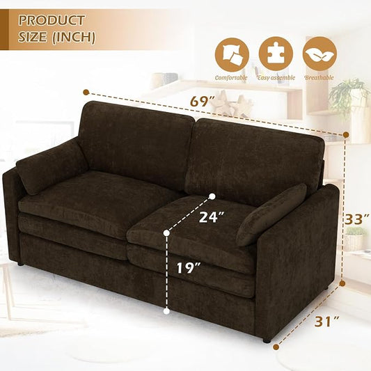69” Chenille Loveseat Sofa w/Arm Pillows, Upholstered 2-Seater Sofa w/Comfortable Back Cushions, Modern 2 Seats Couch w/High-Density Foam for Living Room, Apartment, Office, Brown