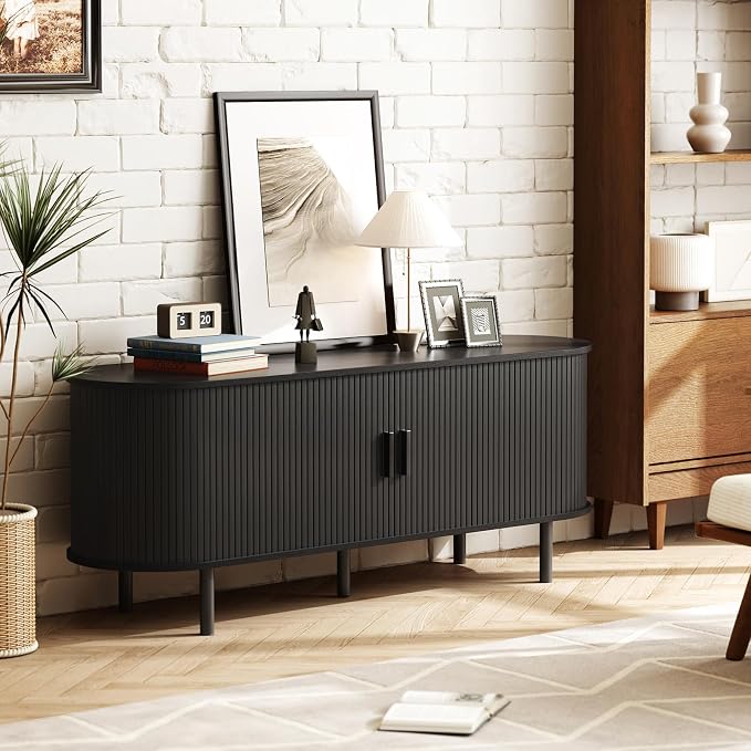 ONBRILL 55" TV Stand with Power Outlet for TVs up to 60 Inch, Entertainment Center with Storage and Adjustable Shelves, Modern Media Console with Sliding Doors for Living Room, Black
