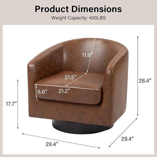 Swivel Barrel Accent Chair, Modern Round Faux Leather Arm Chair for Living Room, Bedroom, Comfy Club Reading Chairs for Adults(Faux Leather, Coffee, Set of 2)