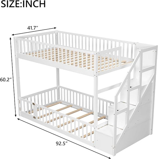 Twin Over Twin Floor Bunk Bed with Storage Ladder and Guardrails,for Kids Teens Adults (White#Ladder, Twin Over Twin)