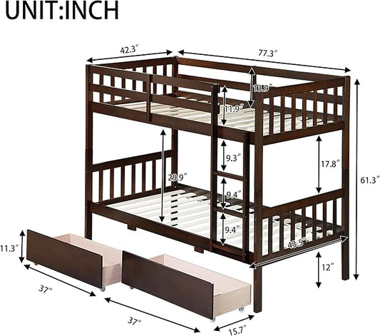 Harper & Bright Designs Twin Over Twin Bunk Bed with 2 Drawers, Convertible into 2 Twin Beds, Twin Bunk Bed with Ladder and Safety Guardrails, Espresso