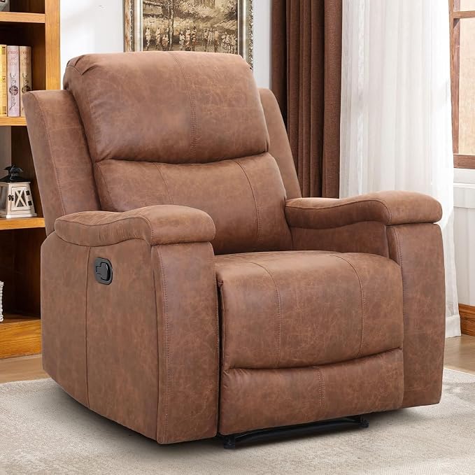CANMOV Leather Recliner Chair Set of 2, Classic and Traditional Manual Recliner Chair with Overstuffed Arms and Back, Manual Single Sofa with Concealed Cup Holders,Brown