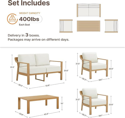 KISLOT Aluminum Outdoor Patio Furniture Set with Coffee Table,4 Seater Patio Conversation Sets with Washable Thick Cushions,Outdoor Sectional Furniture Set for Poolside, Balcony,Wood-Grain Frame