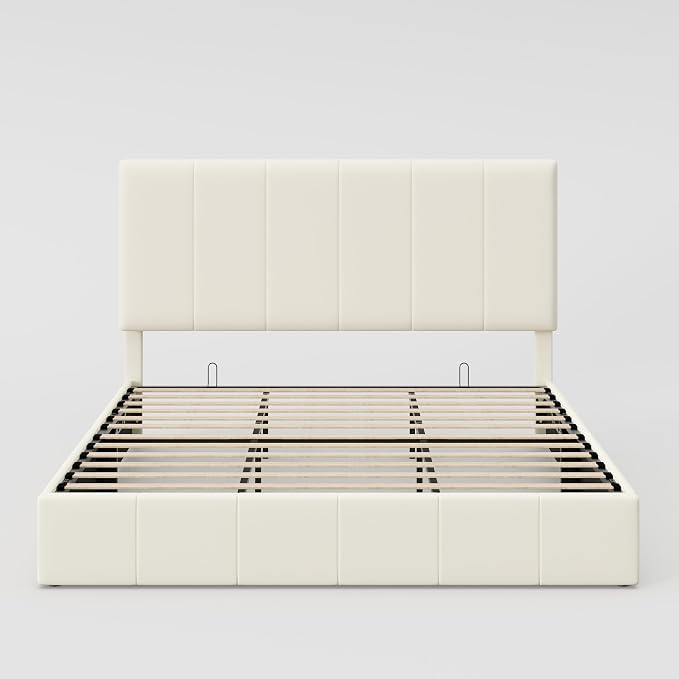 Allewie King Size Velvet Lift Up Storage Bed Frame, Vertical Channel Tufted Headboard, Hydrualic Underneath Storage, Upholstered Platform Bed, Wooden Slats Support, No Box Spring Needed, Cream