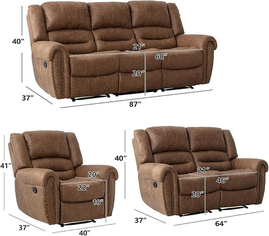 CANMOV Faux Leather Manual Recliner Sofa Set, Manual Recliner Chair, Reclining Loveseat and 3-Seat Sofa for Living Room,Bedroom Furniture, Office,Nut Brown