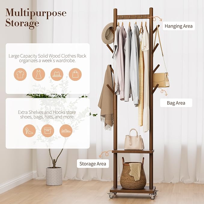 Yoobure Solid Wood Coat Rack Freestanding - Rolling Clothes Rack with 8 Hooks & Shelves, Small Clothing Rack with Wheels, Heavy Duty Clothing Racks for Hanging Clothes, Portable Hall Tree for Entryway