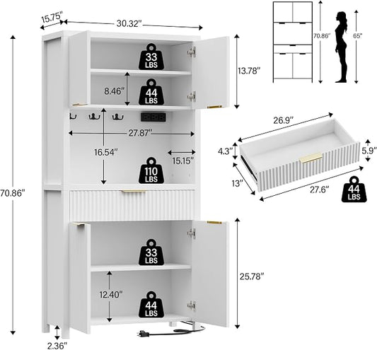 Lulive White Fluted Pantry Cabinet with Charging Station, Adjustable Shelves, Spacious Kitchen Storage Organizer with Open Countertop, Kitchen Hutch with Storage Drawers for Dining & Living Room | Adjustable Shelves, Open Countertop, Drawer, Spacious K...
