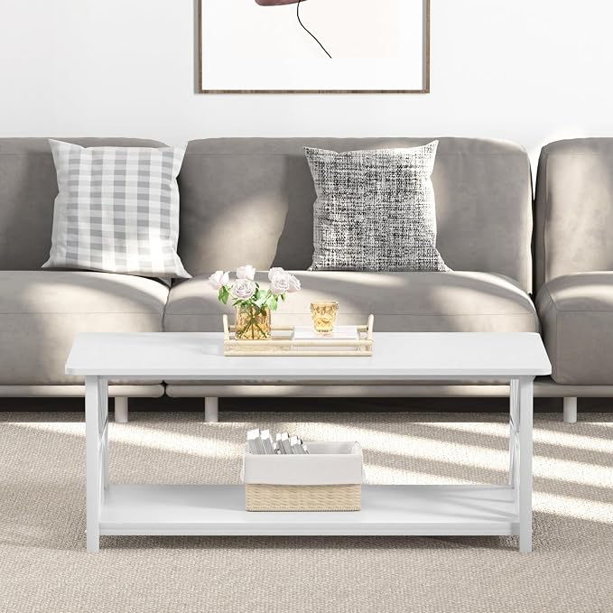 GreenForest Coffee Table for Living Room with Round Corners | Modern Style Center Table with Storage Shelf,39 Inch X-Frame Sofa Table,Space Saving,Easy Assembly,Full Wh