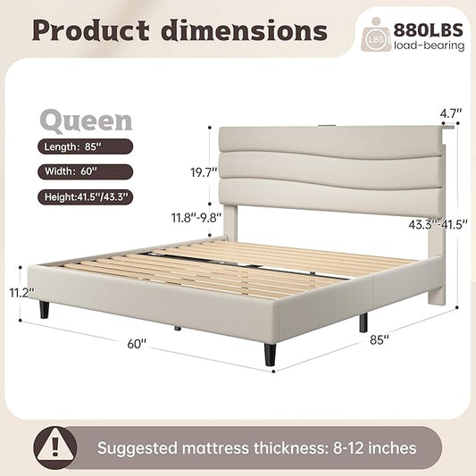 EnHomee Queen Bed Frame with Upholstered Headboard,Adjustable Height,Charging Station, Noise-Free, No Box Spring Needed, Easy Assembly,Beige