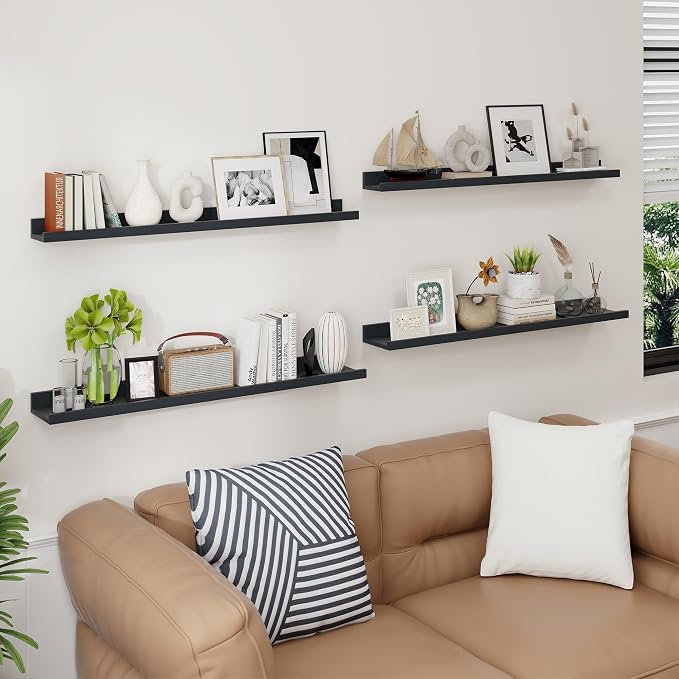 Axeman Picture Ledge Shelf | 36 Inch Black Floating Shelves Set of 4 | Rustic Wood Wall Shelves with Lip | 36" Black Picture Shelves for Wall with Ledge | Photo Shelves