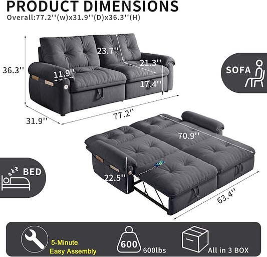 77.2'' Pull Out Couch Full Size, Pre-Assembled Sleeper Sofa Bed, Flannel Convertible Futon Sofa Bed with Adjustable Backrest, USB, Side Pockets, Loveseat for Living Room, Apartment, Dark Grey