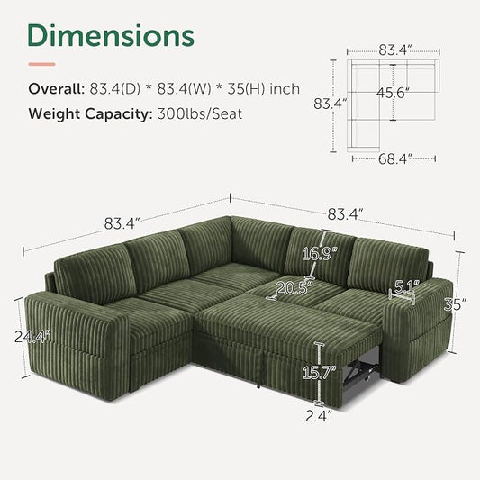 HONBAY Modular Sectional Sleeper Sofa with Pull Out Bed,Corduroy L Shaped Couch with Storage, Sectional Couches for Living Room,Green