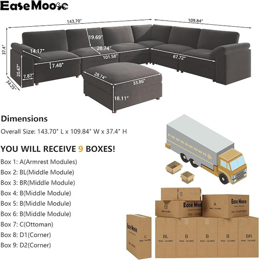 EASE MOOSE Oversized Sectional Modular Sofa, Large L Shape Sectional Couch Wide Deep Seat Modular Cloud Couch, Removable Washable