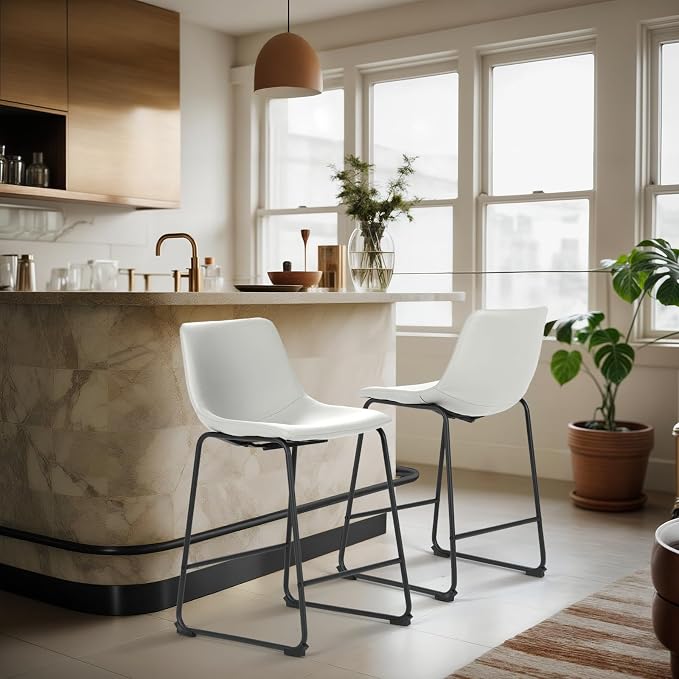 Athena Collection 23'' Counter Height Bar Stools Bar Chairs Set of 2 Modern PU Leather Bucket Chairs with Back Soft Foam Filled Metal Frame Bar Stools with Footrest for Pub, Bistro, Kitchen, White