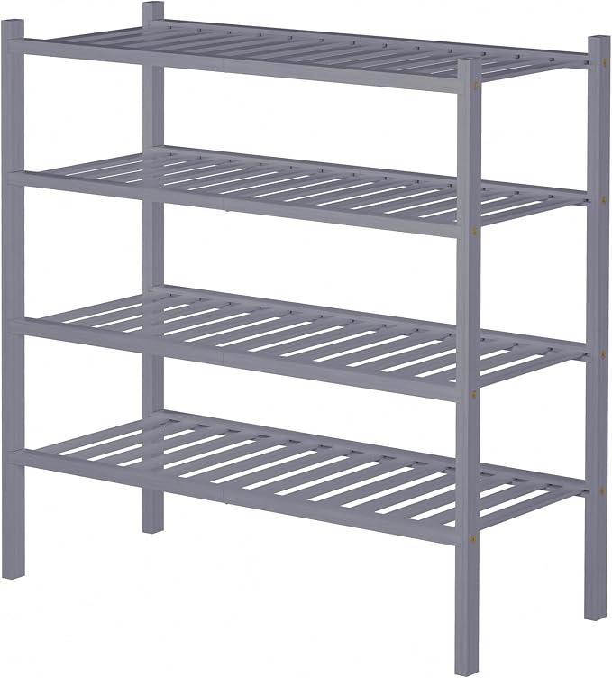 ROMGUAR CRAFT 4 Tier Bamboo Shoe Rack for Closet Free Standing Wood Shoe Shelf for Entryway Small Space Stackable 27"x11"x26" (Grey)