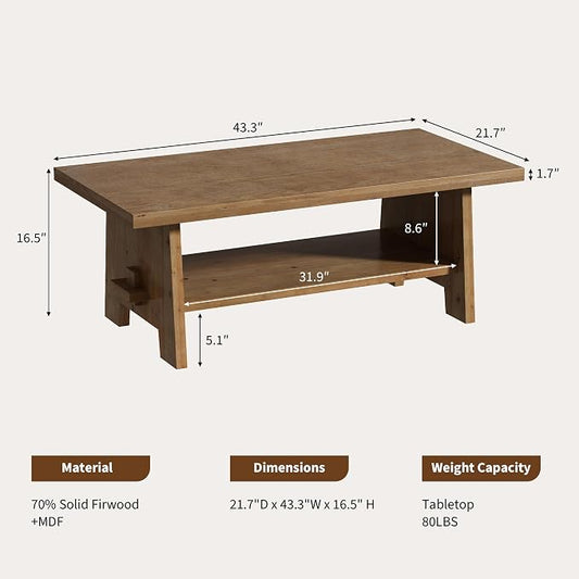 Farmhouse Wood Coffee Table - 43.4" Rectangle Coffee Table Solid Wood Tabletop, Center Tables with Storage Shelf for Living Room, Natural