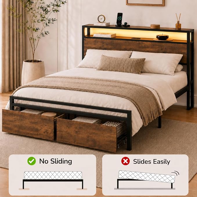 Zevemomo Queen Size Bed Frame with Storage Drawers, Bed Frame Queen Size with Headboard, LED Light, Charging Station with 3 USB Ports & 1 Type-C Port, Noiseless, Rustic Brown
