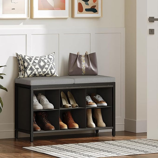 YATINEY Shoe Storage Bench with Cushion, Entryway Bench, Shoe Rack with Padded Seat and 6 Oxford Compartments, for Closet, Bedroom, Entryway, Black and Gray HX01BK