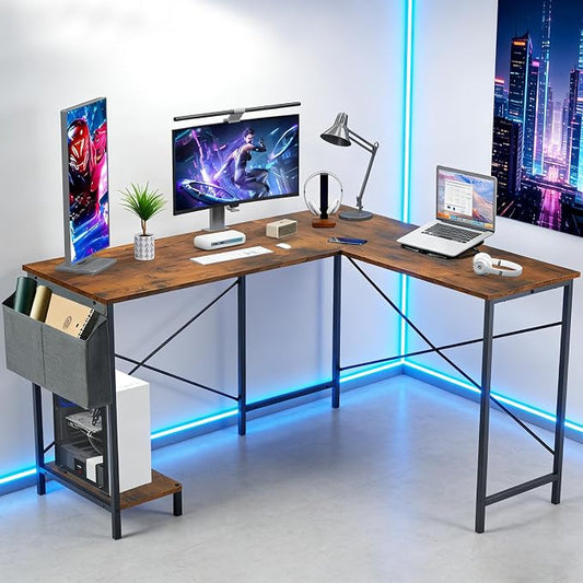L-Shaped Corner Home Office Computer Desk, Gaming Desk with CPU Stand Shelf and Hanging Storage Pocket, Student Study Writing Table, Sturdy Metal Frame, 43.3" D x 50" W, Rustic Brown