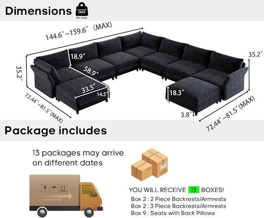 DreamDashio Oversized Sectional Couches for Living Room, 159" Extra Wide, Deep Cloud Modular Sectional Sofa with Storage, Adjustable Arms, High Backs, 9 Seater, Dark Grey Chenille