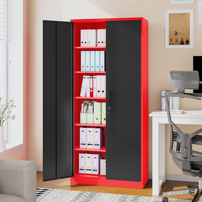6 Tier Garage Storage Cabinet with 5 Adjustable Shelves,Metal Storage Cabinet with Lock,Red Black Metal Cabinet with Locking Doors,Steel Locker,71" Lockable Storage Cabinets for Home,Office,Garage
