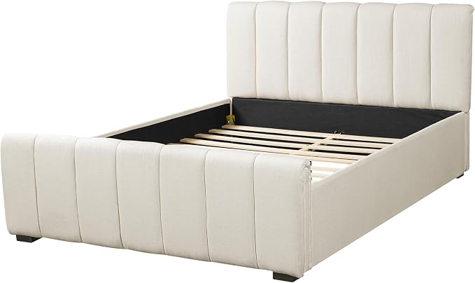 Merax Queen Size Upholstered Platform Bed with Thick Headboard and Footboard, Block Style Linen Fabric Bed Frame with Solid Wood Legs, Beige