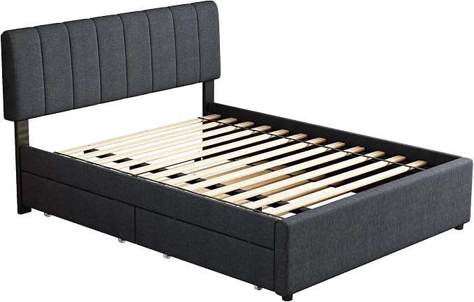 Full Size Upholstered Platform Bed w/Trundle Bed & 2 Storage Drawers | Twin Size Trundle,Two Drawers,LED Lighting Controlled by APP, USB+Type-C Charging Ports,Linen Upholstered Bed Frame,Dark Grey