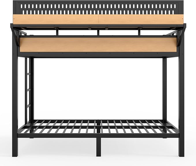 Bellemave Bunk Bed Twin XL Over Twin XL,Metal Bunk beds with Storage Shelves USB Ports and LED Lights, Natural