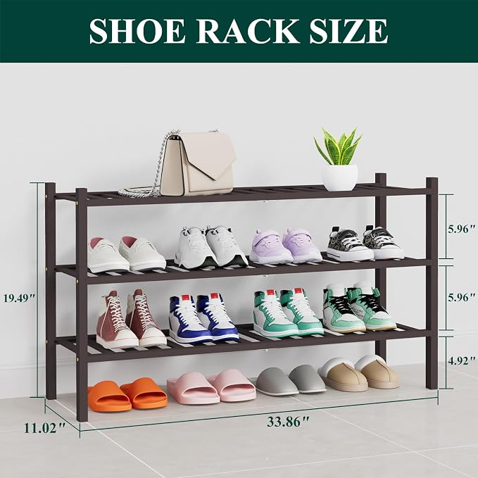 Smiry Long Bamboo Shoe Rack, 3 Tier Free Standing Wooden Shoe Organizer, Stackable Wood Shoe Storage Shelf for Closet, Entryway, 14 Vertical Slats, 2+1 Stack Heavy-Duty Legs, 33.7"x11"x19.5", Brown