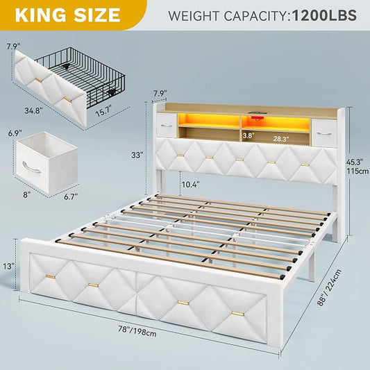 YITAHOME King Size Bed Frame with 2 Storage Drawers and Storage Headboard, Upholstered Platform with Charging Station and LED Light, No Box Spring Needed, Noise Free, Easy Assembly, Velvet White