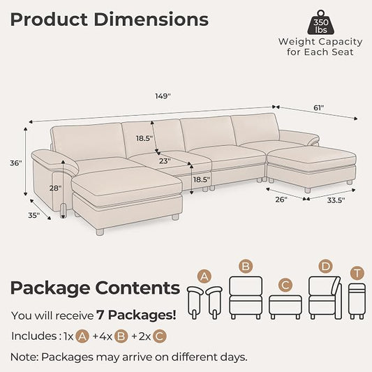 SITJOY Large Cloud Couch, 149" Wide 4 Seater U Shape, Faux Leather in Brown | Pet-Friendly Scratch-Resistant Leather Sectional Sofas for Living Room, Deep Seat Wide Couch with Chaise, Storage Ottoman