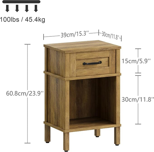 Farmhouse Nightstand with Drawer, Small Wood Bedside Table, Small Rustic Side Table, Modern End Table with Drawer, Wooden Walnut Brown Night Stand for Bedroom LET512DR