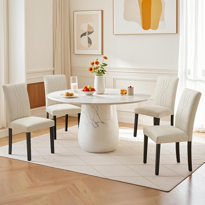 VECELO Upholstered Dining Chairs Set of 2, Modern Fabric and Solid Wood Legs & High Back for Kitchen/Living Room- Beige