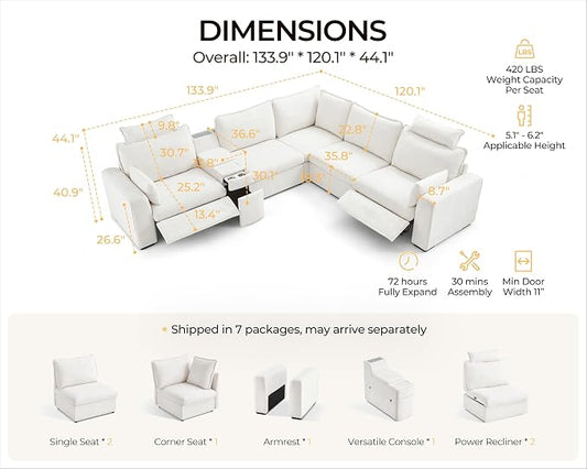Oversized Modular Sectional Sofa with Double Power Recliner, Cloud Reclining Couch with Headrest, Storage Drawer Charging Cup Holders, Deep L-Shaped 6 Seater with Corner, Chenille, White