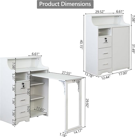 Folding Desk with Storage,Hidden Desk with Lockable Drawers & Shelves, Built-in Power Outlet,Fold Out Desk for Study and Home Office