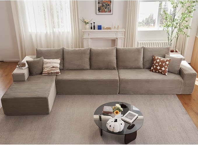 166.9" Cloud Sectional Couch with L-Shape Chaise, Modern Modular Comfy Sofa Chaise Longue, Upholstered Corduroy Couches Sleeper with Deep Seat for Living Room Bedroom, No Assembly Required, Camel