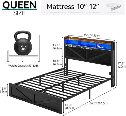 YITAHOME Queen Size Bed Frame with Storage Headboard and Large Under Bed Storage, Upholstered Platform with Charging Station and LED Light, No Box Spring Needed, Noise Free, Charcoal Black